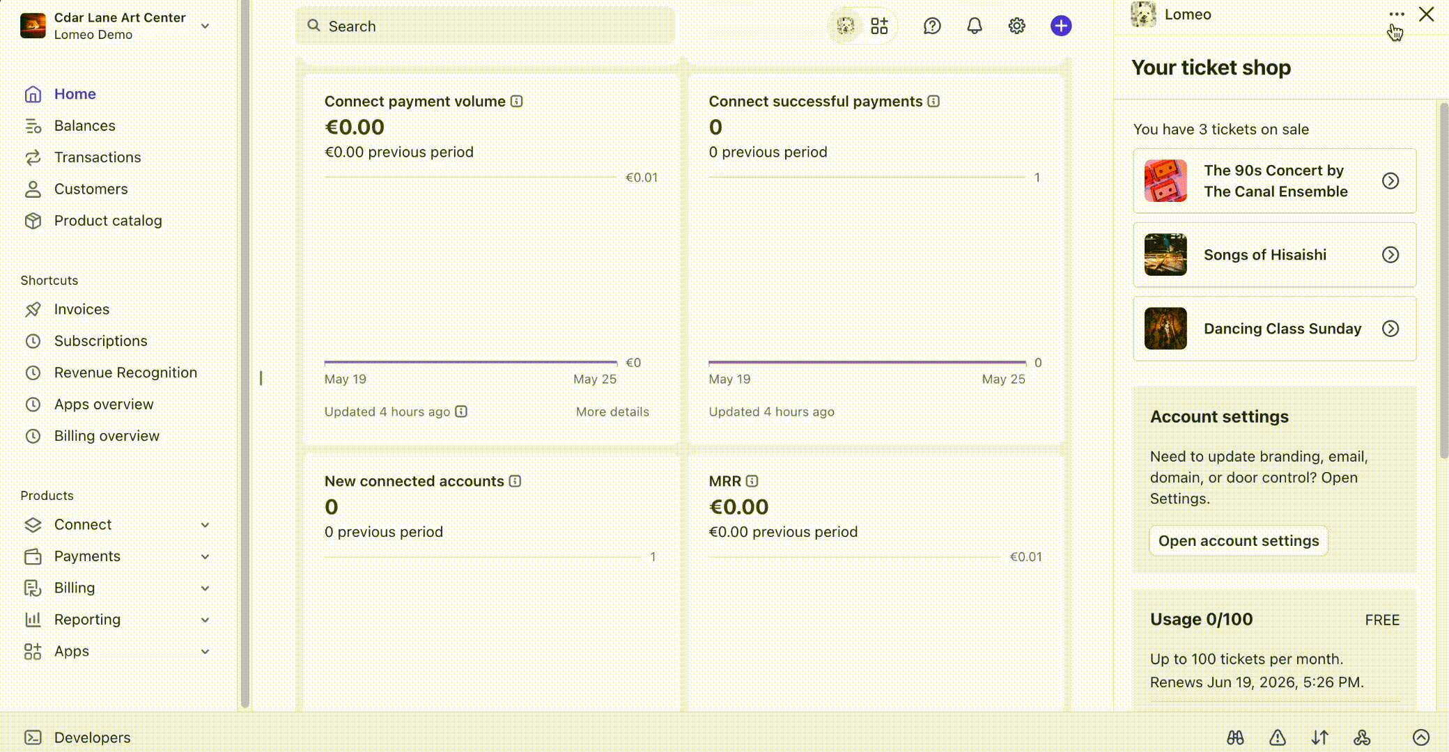 Lomeo app settings and door control in Stripe Dashboard